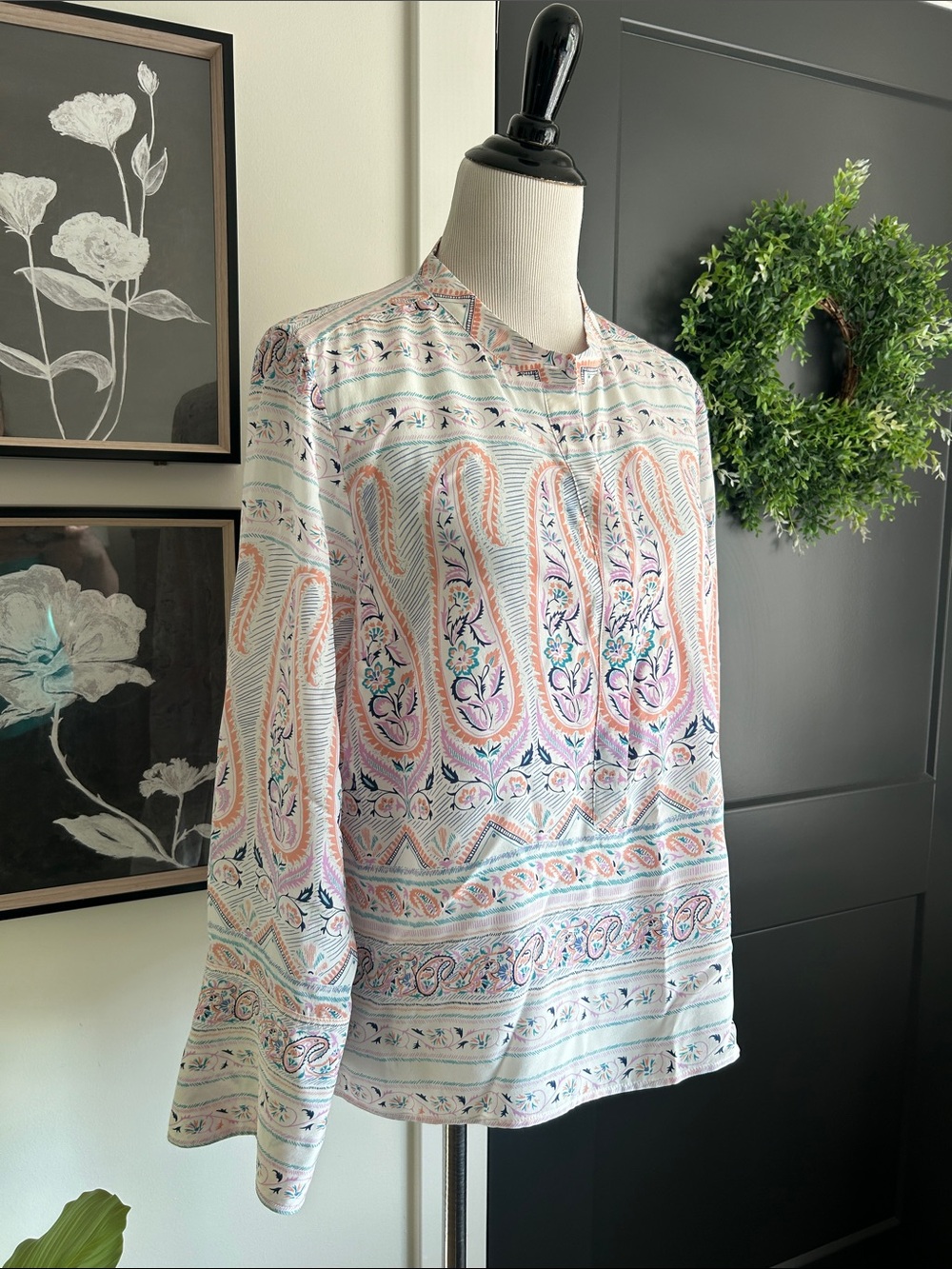 🌸 💯 silk L Paisley Printed Long-Sleeve Blouse - White pink teal & Peach